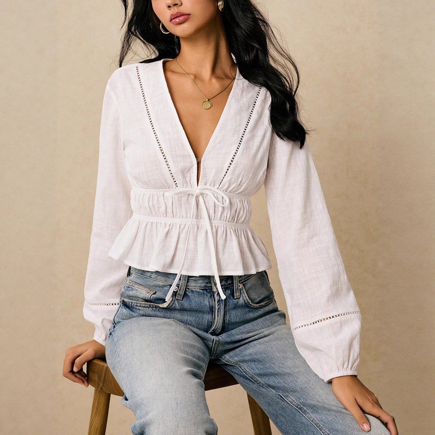 Bohemian Ruffle Blouse - Women's Long Sleeve White Polyester Shirt