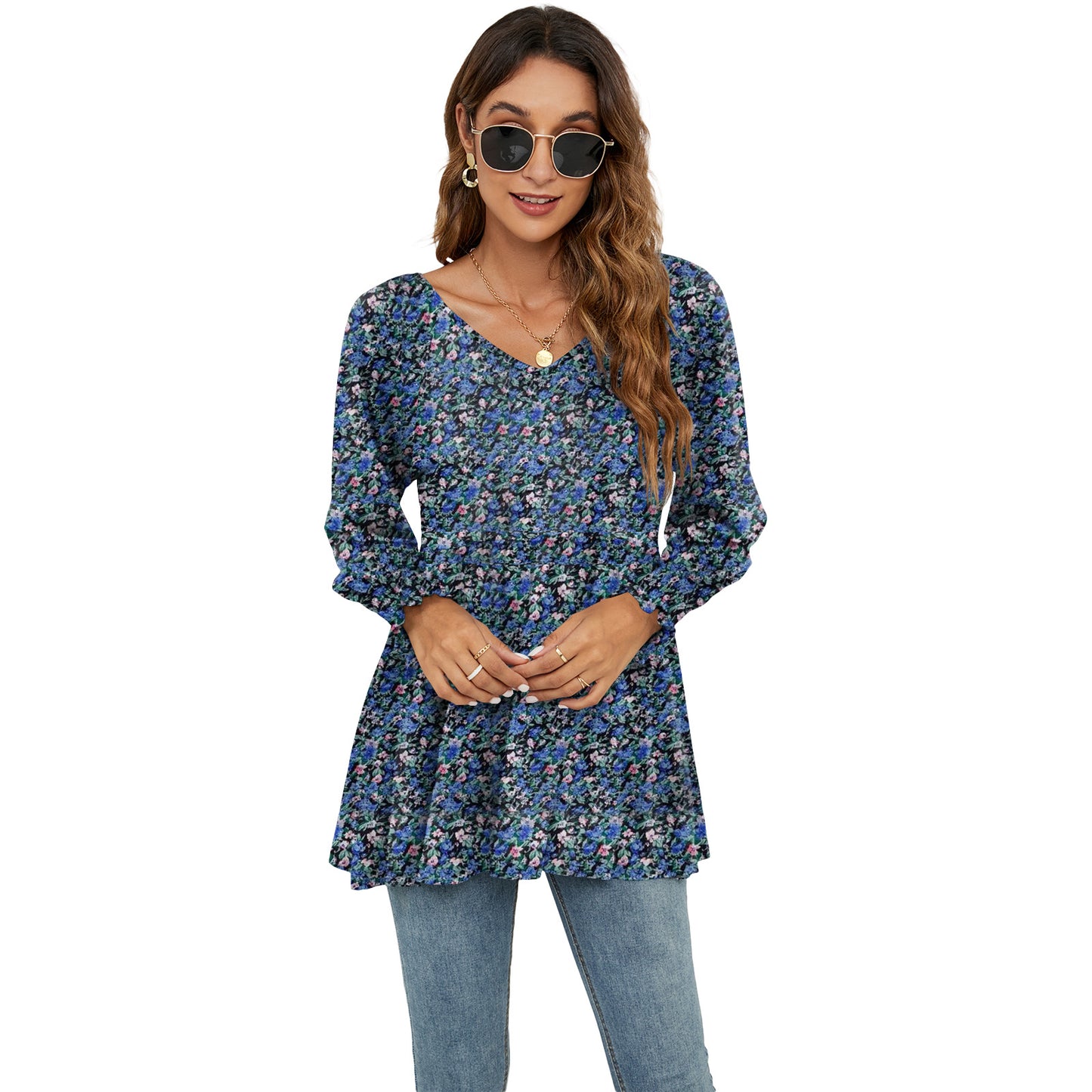 Long Puff Sleeve Tops Women’s Floral Blouse | Casual V Neck Shirt | Cotton Babydoll Tee