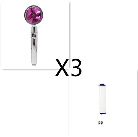 Handheld chrome shower head with pink fan and three white cylindrical water filter cartridges