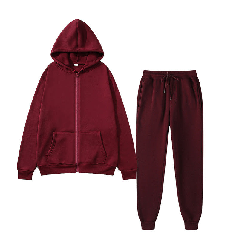 Burgundy full-zip hoodie and matching drawstring sweatpants casual tracksuit set