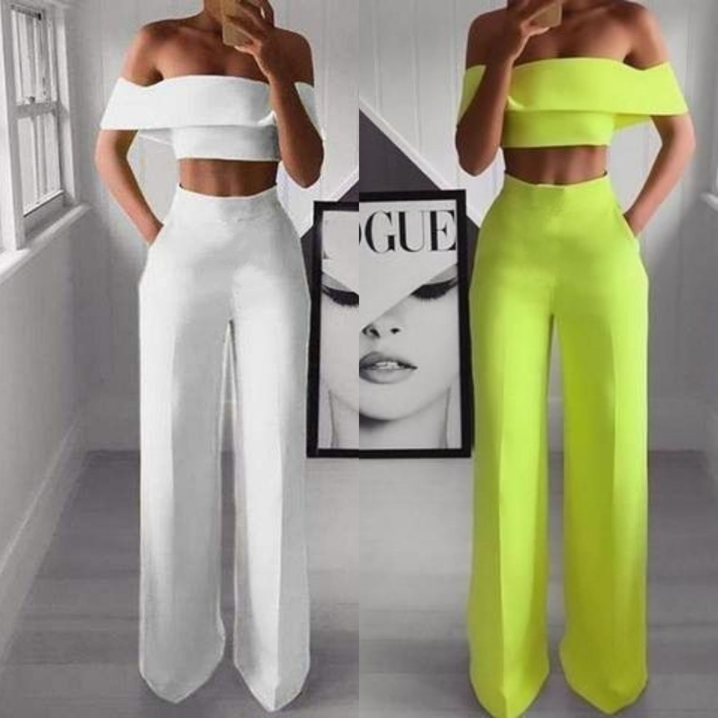 Women's Pantsuit Set – Cropped Top Outfit & Wide-Leg Pants | Green Polyester Fiber Clothes