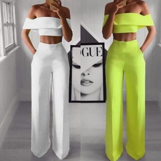 Women's Pantsuit Set – Cropped Top Outfit & Wide-Leg Pants | Green Polyester Fiber Clothes