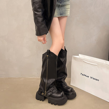 Below Knee Boots | Women's Black Leather Thick Sole Footwear With Rubber Sole