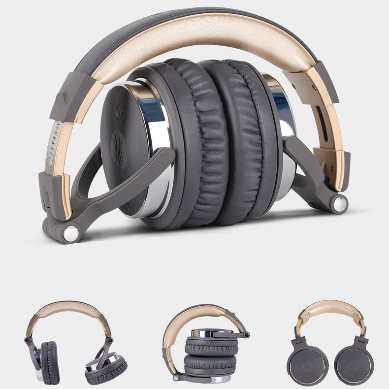 Black wired studio headphones with 50mm drivers, padded beige headband, foldable design, and built-in mic