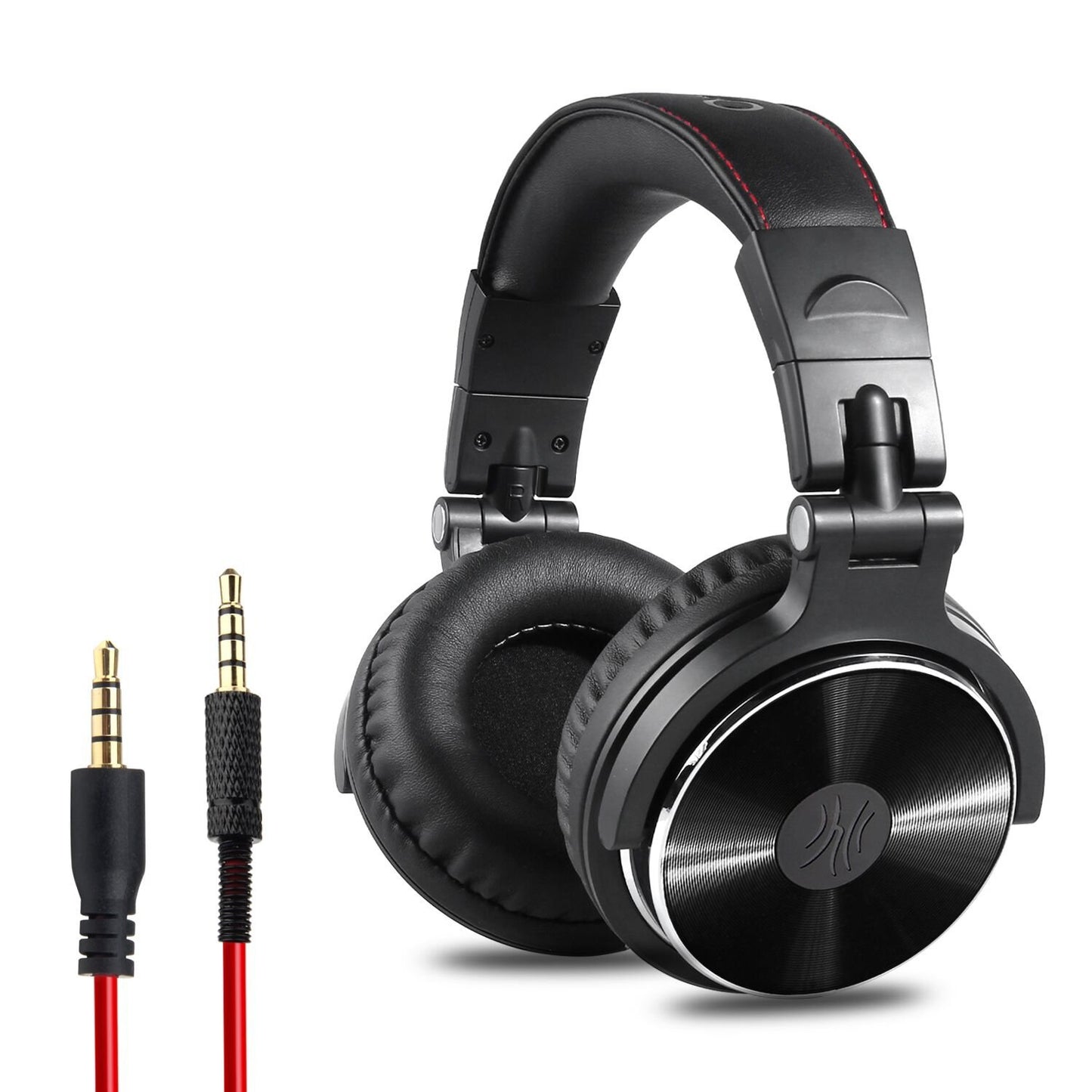 Black wired studio headphones with cushioned ear muffs and red detachable 3.5mm audio cable
