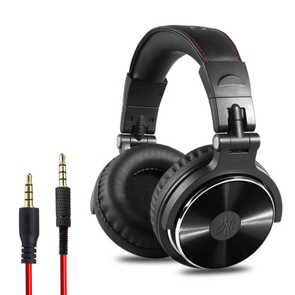 Black wired studio headphones with cushioned ear muffs and red detachable 3.5mm audio cable