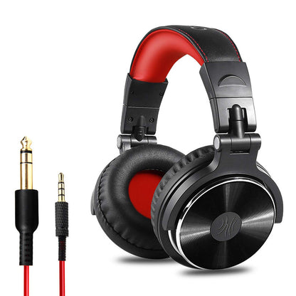 Black wired studio headphones with red padding and 50mm drivers, including gold-plated audio jack