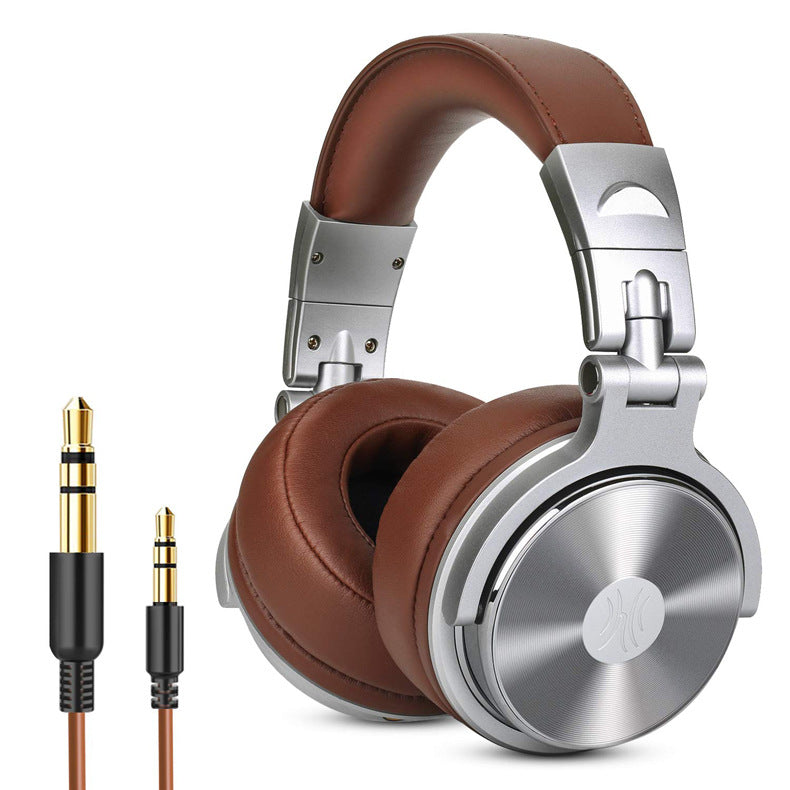 Brown cushioned wired headphones with silver metal frame and gold-plated 3.5mm audio jack