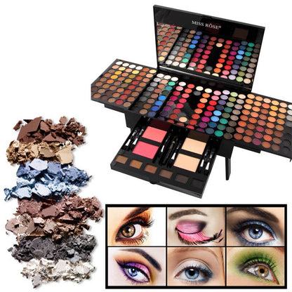 Miss Rose large eyeshadow palette with blush, brushes, and colorful crushed eyeshadows, plus various eye makeup looks