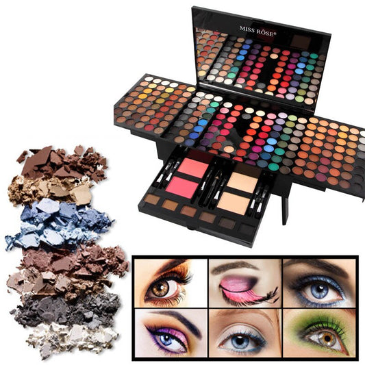 Miss Rose large eyeshadow palette with blush, brushes, and colorful crushed eyeshadows, plus various eye makeup looks