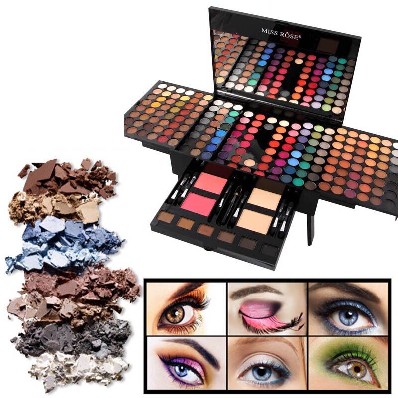 Miss Rose colorful makeup palette with eyeshadows, blushes, and six eye makeup looks
