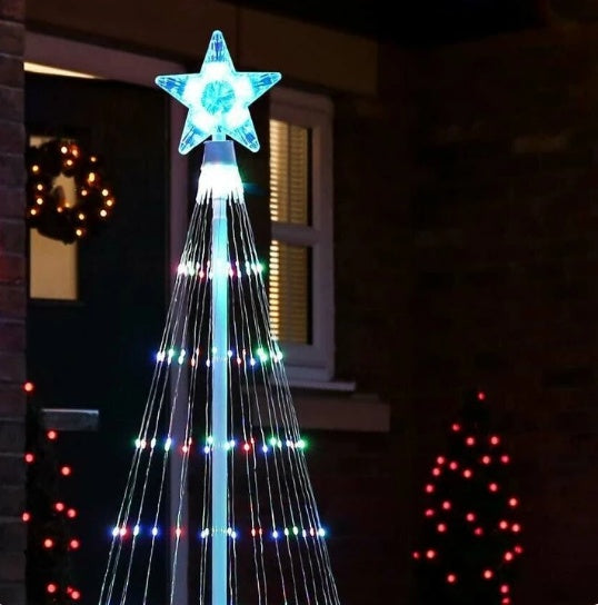 Outdoor 1.5m LED Christmas tree lights with multicolor bulbs and glowing star topper at night