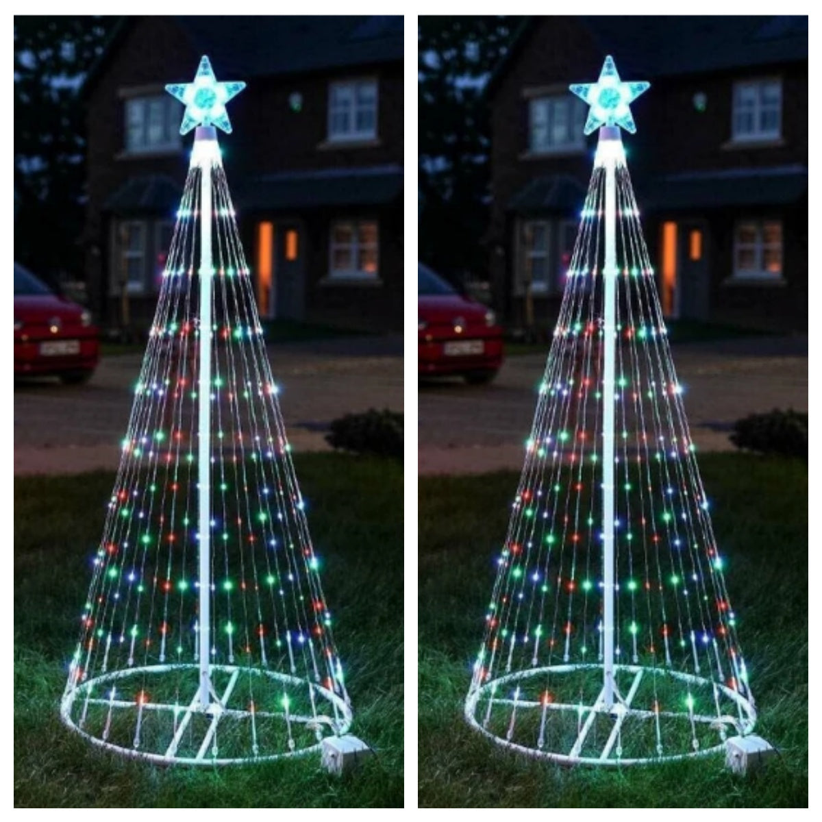 Outdoor LED Christmas tree lights with multicolor strands and illuminated star topper on green grass