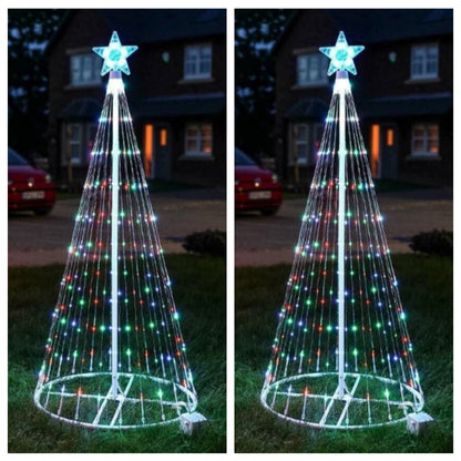 Outdoor LED Christmas tree lights with multicolor strands and illuminated star topper on green grass