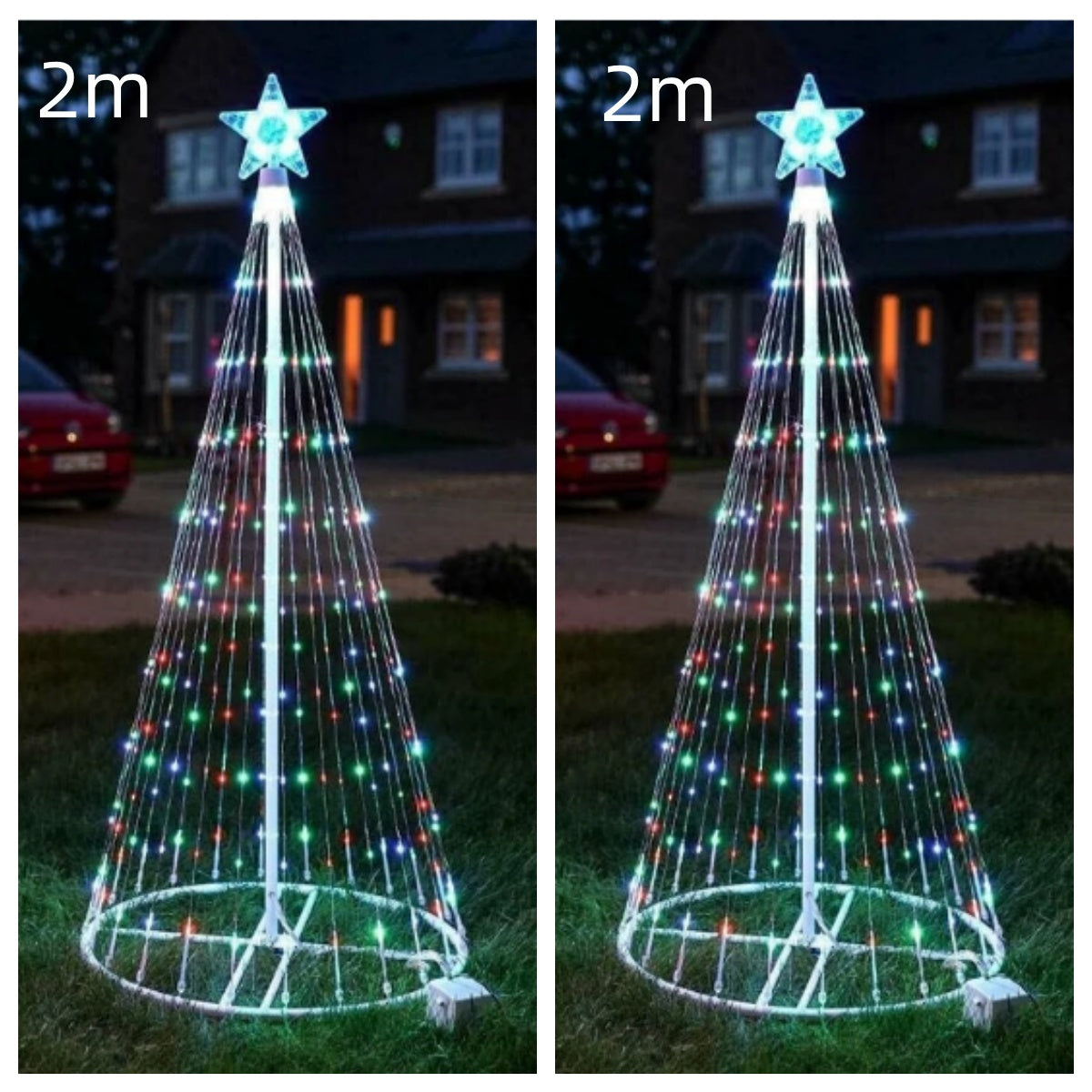 2m tall outdoor LED Christmas tree lights with multicolor bulbs and glowing star topper on grass