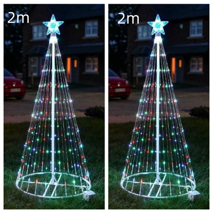 2m tall outdoor LED Christmas tree lights with multicolor bulbs and glowing star topper on grass