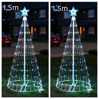1.5m outdoor LED Christmas tree lights with multicolor bulbs and star topper on grass