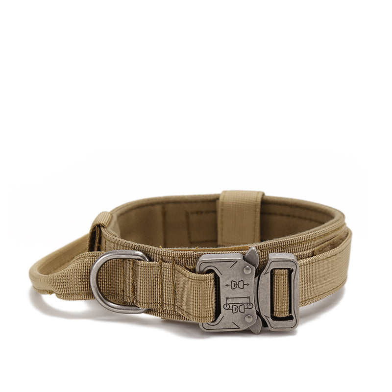 tan tactical dog collar with adjustable nylon strap and metal buckle on white background