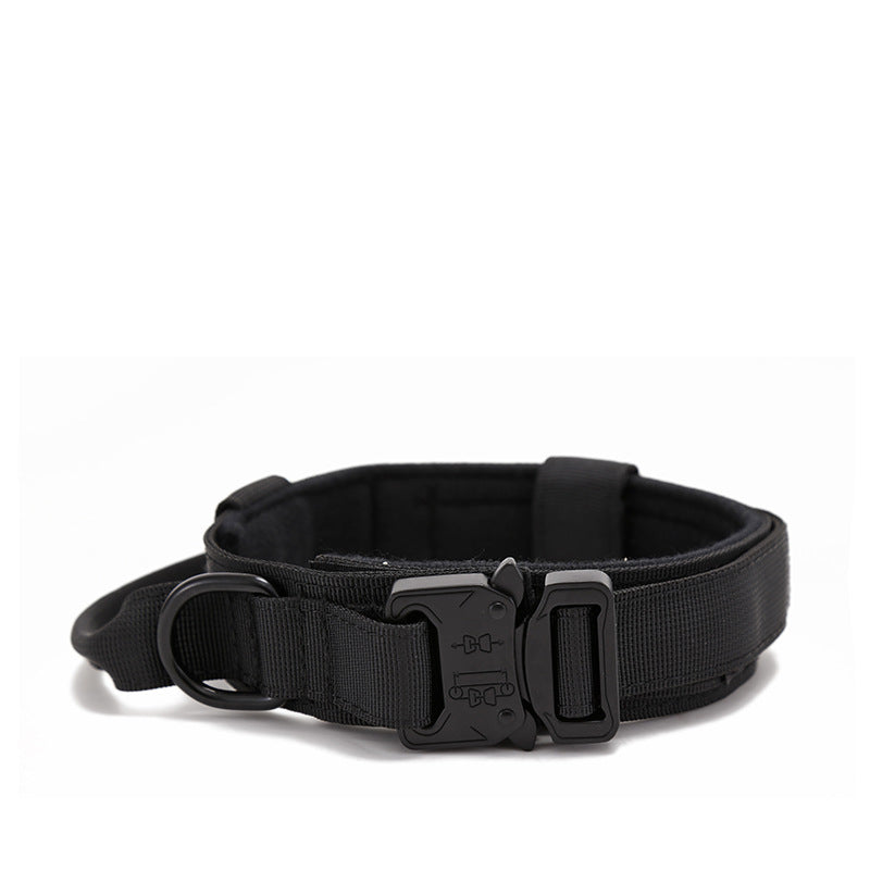 Black tactical dog collar made of durable nylon with metal buckle and control handle