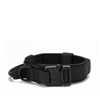 Black tactical dog collar made of durable nylon with metal buckle and control handle