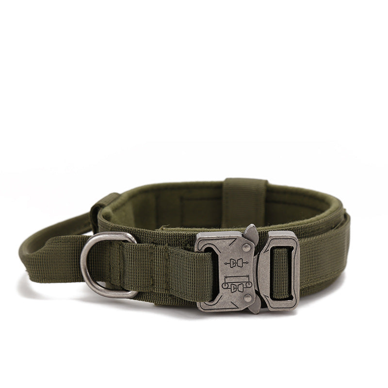 olive green tactical dog collar with metal quick-release buckle and D-ring