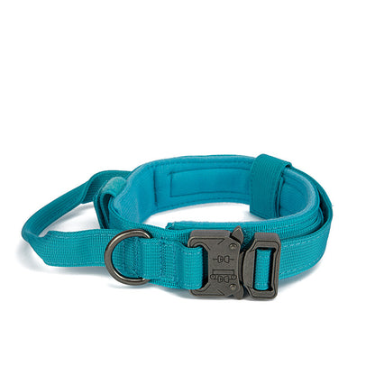 Durable turquoise nylon tactical dog collar with metal buckle and control handle