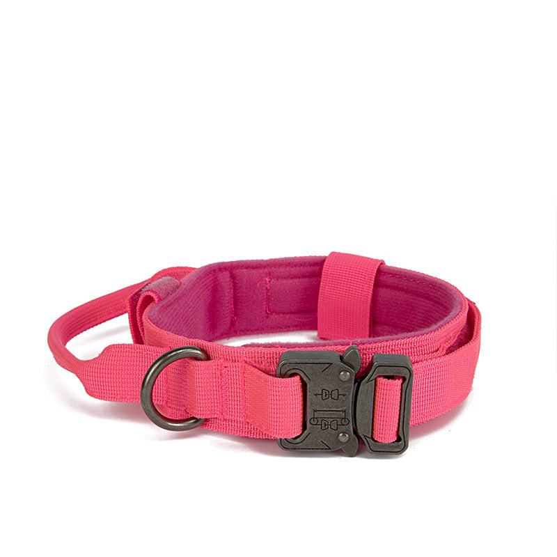 Adjustable durable pink nylon tactical dog collar with metal buckle and control handle