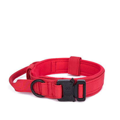 Red tactical dog collar with metal buckle, adjustable nylon strap, and control handle
