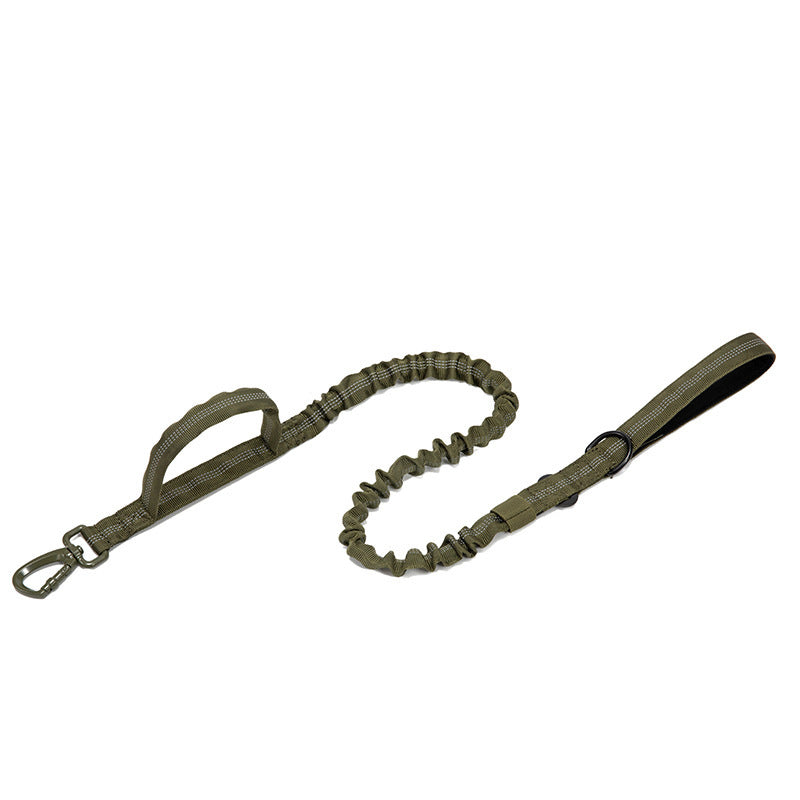 Olive green tactical dog leash with padded handle, metal clip, and bungee stretch for durability