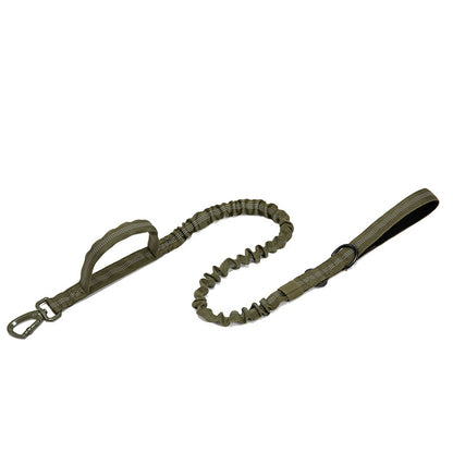 Olive green tactical dog leash with padded handle, metal clip, and bungee stretch for durability