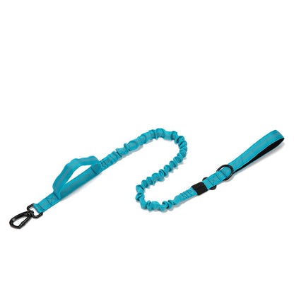 Blue adjustable tactical dog leash with padded handle and black metal clip on white background
