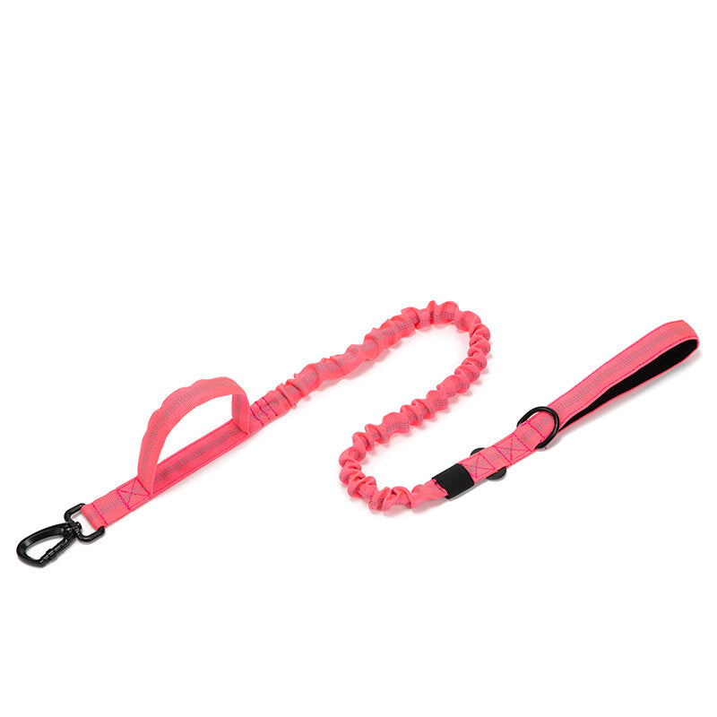 Pink bungee dog leash with handle and metal clip on white background