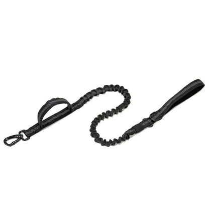 Black adjustable tactical dog leash with bungee cord and padded handle on white background