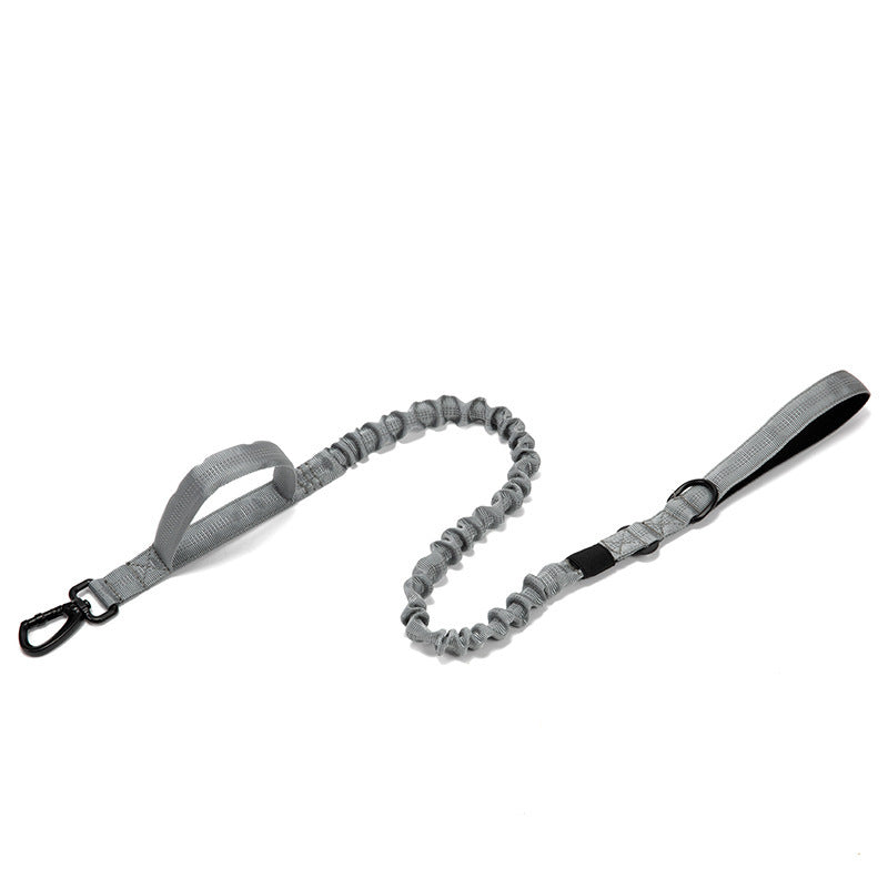 Gray adjustable tactical dog leash with padded handle and shock-absorbing bungee design