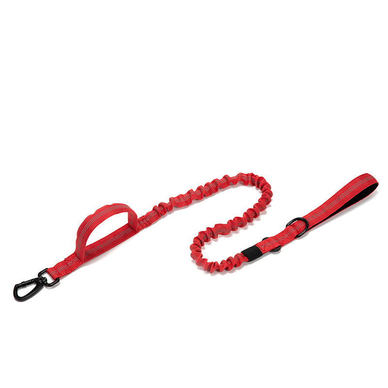 Red adjustable dog leash with padded handle and metal clip on white background