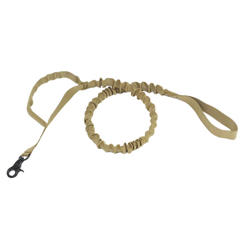 Tan tactical dog leash with metal clip and padded handle, durable adjustable nylon design