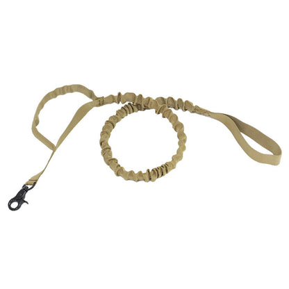 Tan tactical dog leash with metal clip and padded handle, durable adjustable nylon design