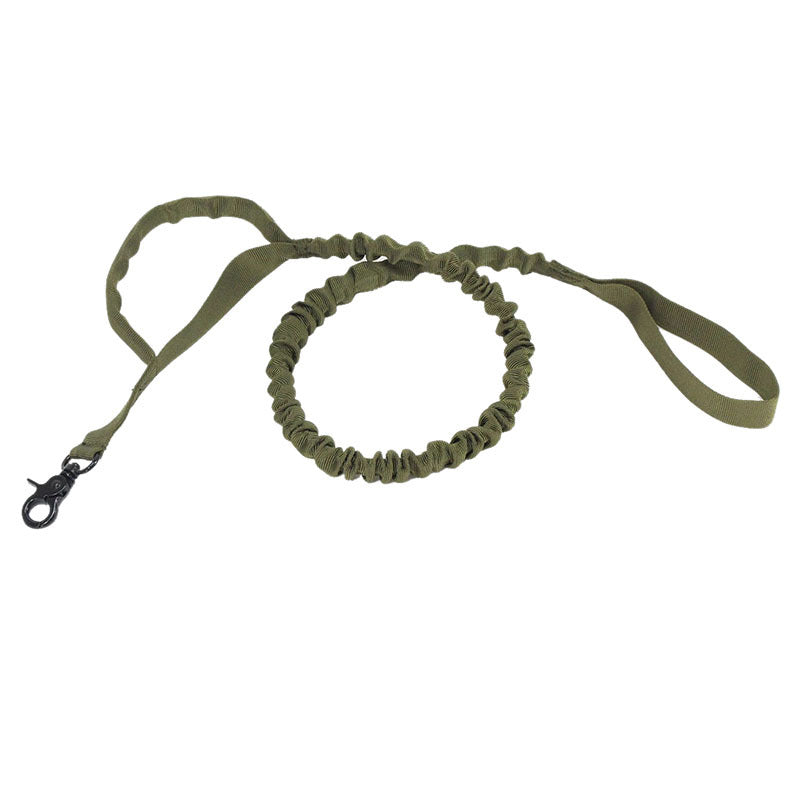 Olive green tactical dog leash with bungee cord and metal clip on white background