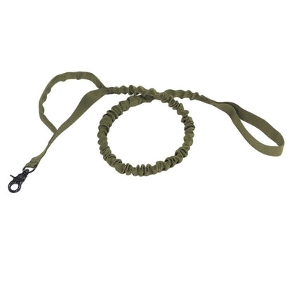 Olive green tactical dog leash with bungee cord and metal clip on white background