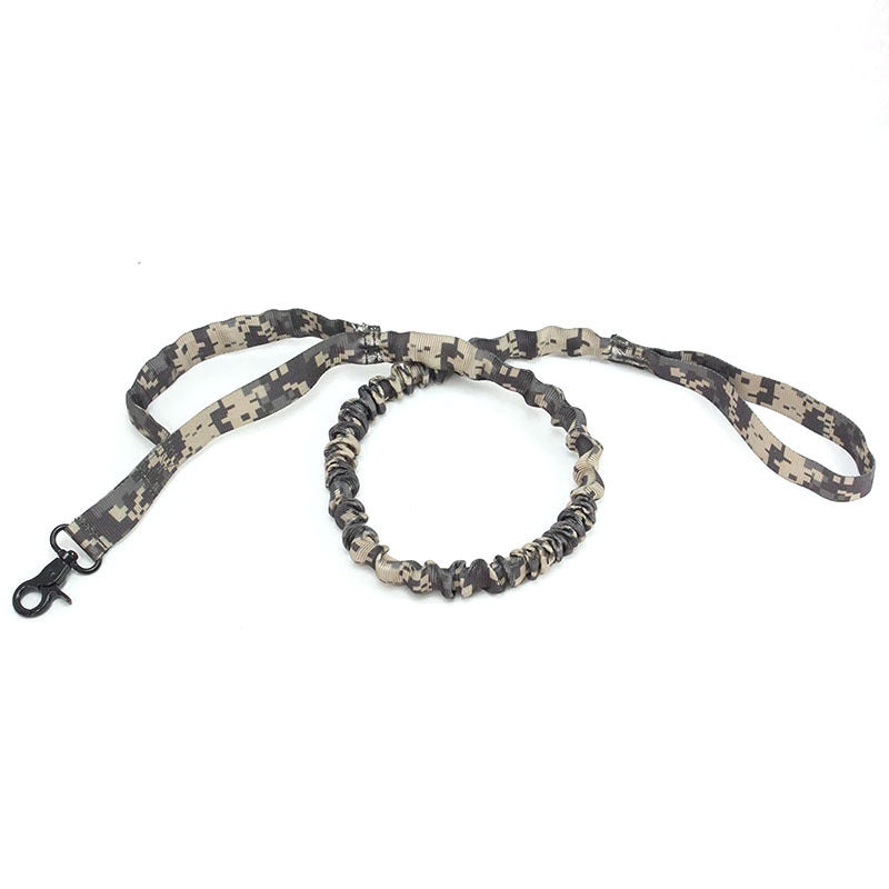 digital camo tactical dog leash with clip and elastic bungee handle on white background