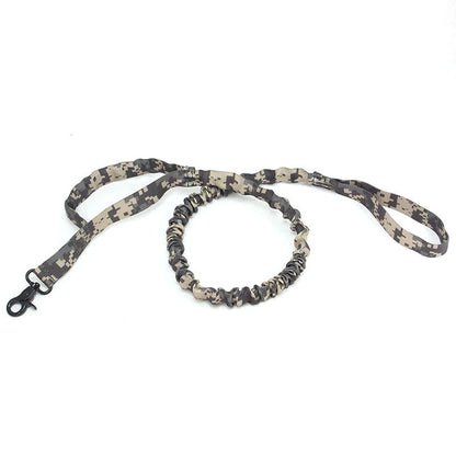 digital camo tactical dog leash with clip and elastic bungee handle on white background