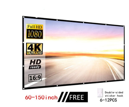 100-inch portable folding projector screen with Full HD 1080, 4K UltraHD, HD ready, 16:9 ratio, includes double-sided hooks