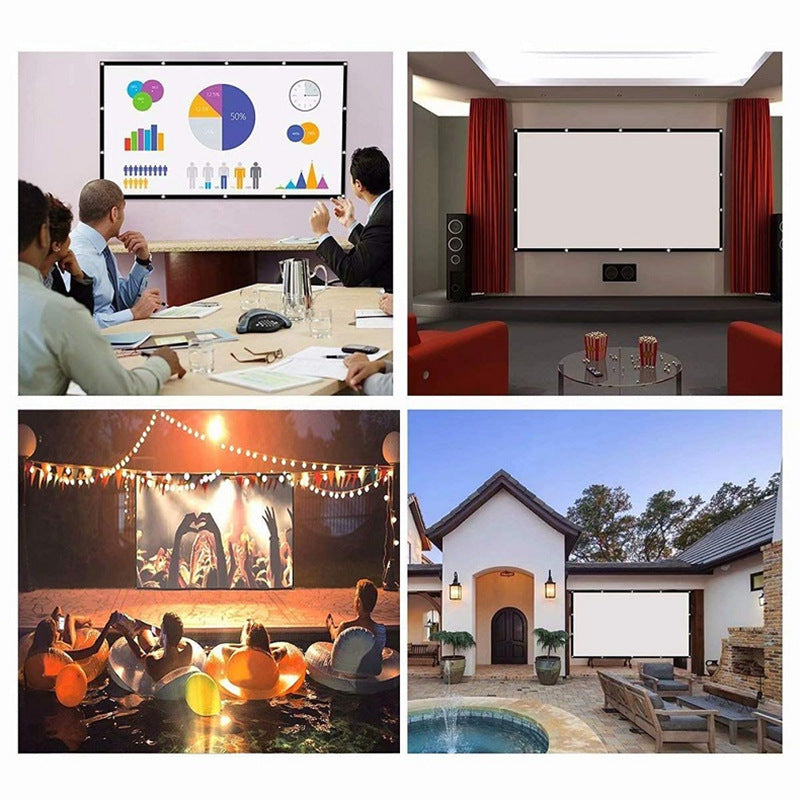Collage showing 100-inch portable projector screen used in office meeting, home theater, outdoor pool party, and backyard patio setups
