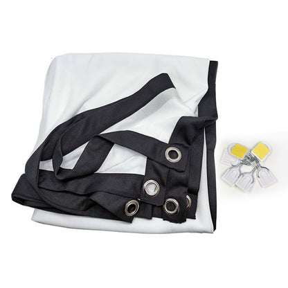 Folded 100-inch portable projector screen with black border and metal grommets, includes mounting clips