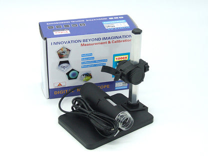 Digital USB microscope with adjustable stand and packaging showing 1000X magnification for measurement and calibration