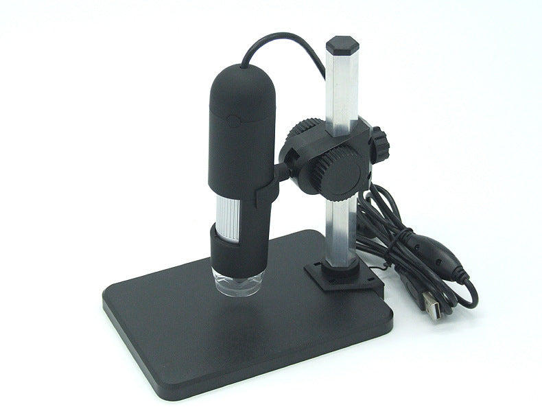 digital USB microscope camera on adjustable stand with black base and LED illumination
