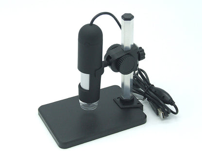 digital USB microscope camera on adjustable stand with black base and LED illumination