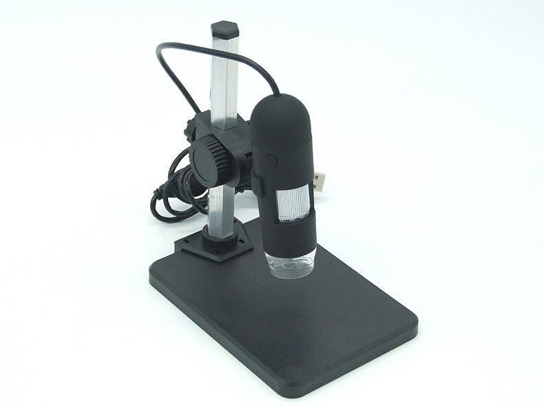 Black digital USB microscope with LED illumination on adjustable stand over black rectangular base