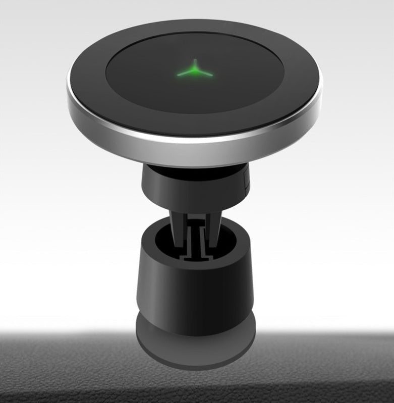 Magnetic wireless car charger mount with 10W power and green LED indicator attached to car vent