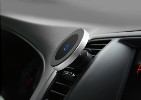 Trendoligy magnetic wireless car charger mount attached to car air vent with blue LED indicator